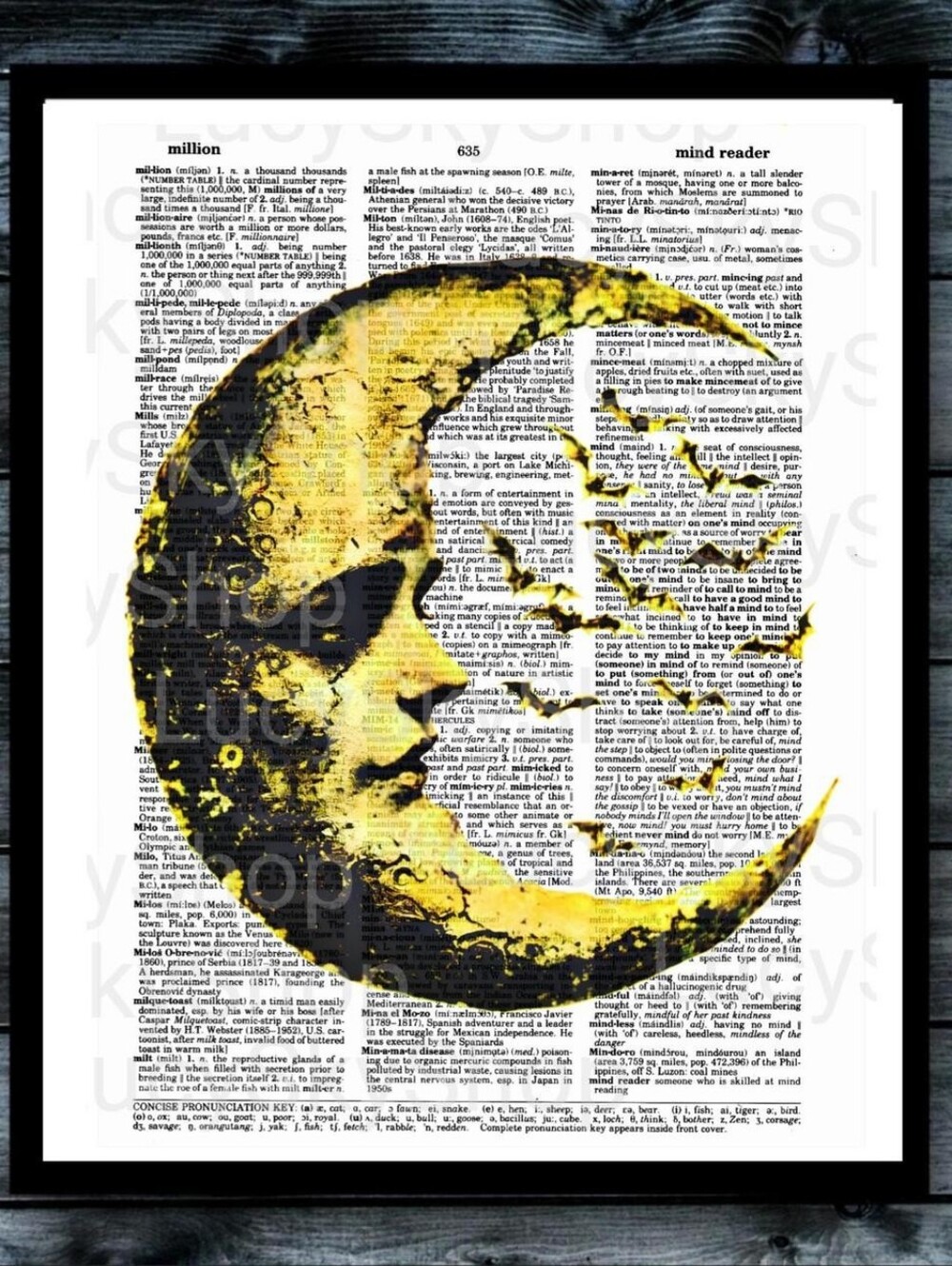 Crescent Moon Golden Bats Dictionary Art Print Celestial Moon Star Vintage Art